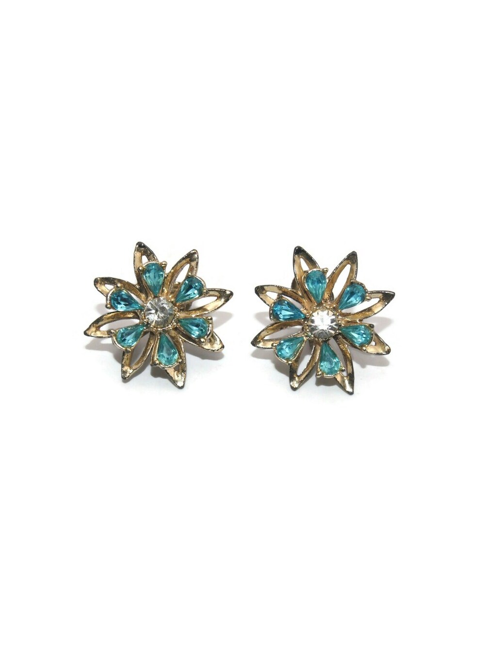 Vintage Gold Tone, Blue & Clear Rhinestones Flower Design Screw Back Earrings.
